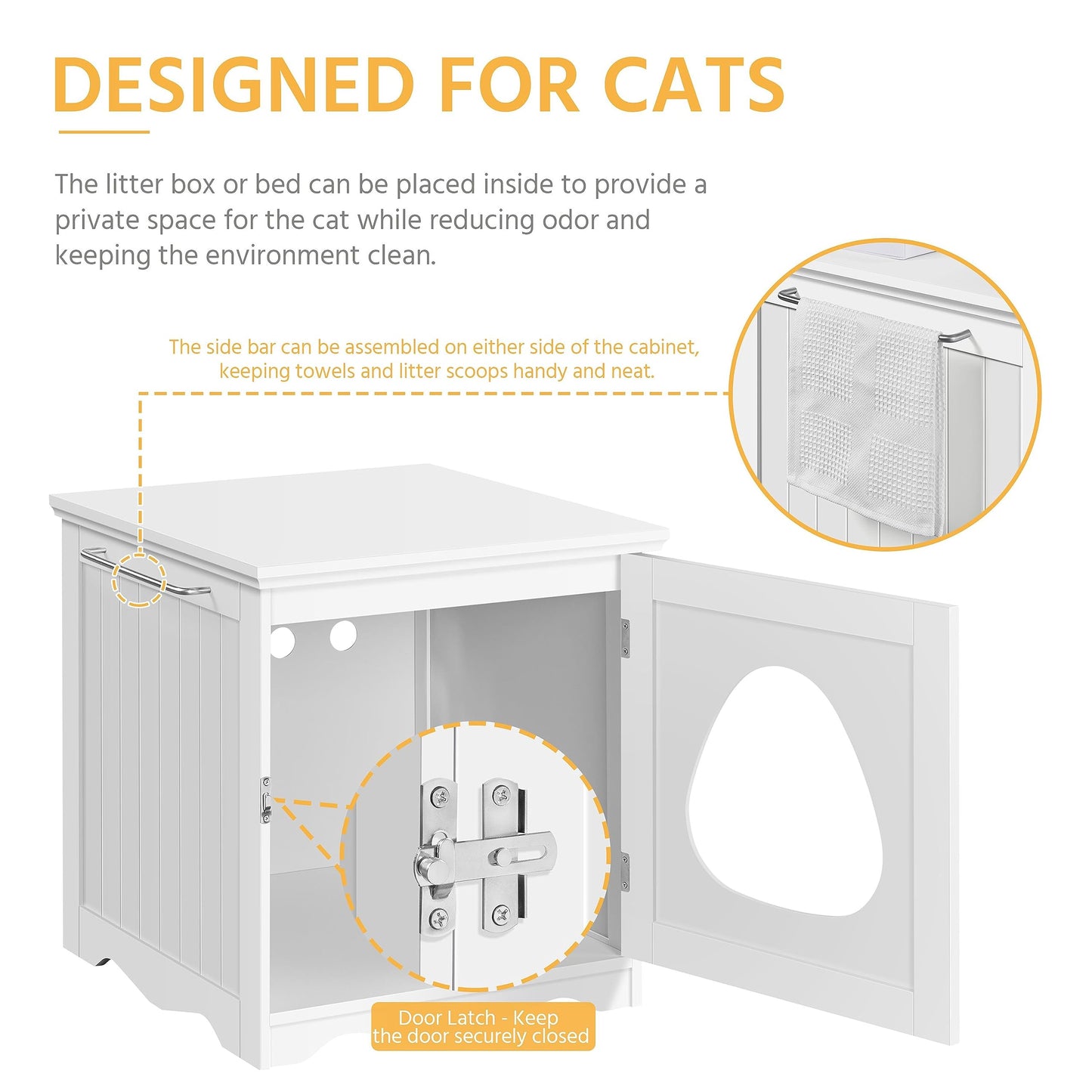 Yaheetech Cat Litter Box Enclosure, Litter Box Furniture Hidden with Towel Bar, Wooden Cat Washroom, Dog Proof Cat Litter Box Cabinet, Indoor Cat House, Side End Table, White - WoodArtSupply