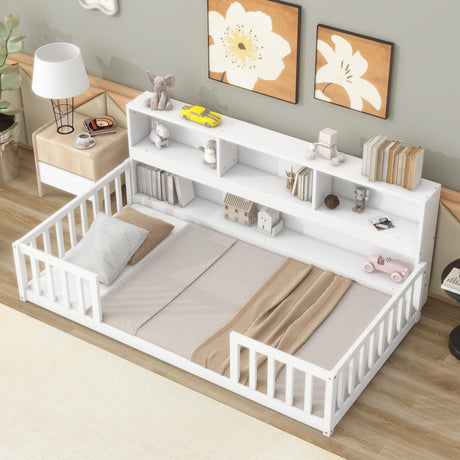 Harper & Bright Designs Twin Floor Bed with Bedside Bookcase, Shelves, Guardrails, Wood Montessori Bed with Storage, White Harper & Bright Designs