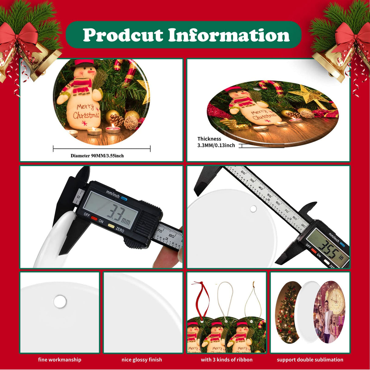 Sublimation Ceramic Ornaments Blank Christmas Personalized Ornament 10 PCS 3.5 Inch Round White Bulk DIY Chritsmas Tree Decoration WANZELONYO