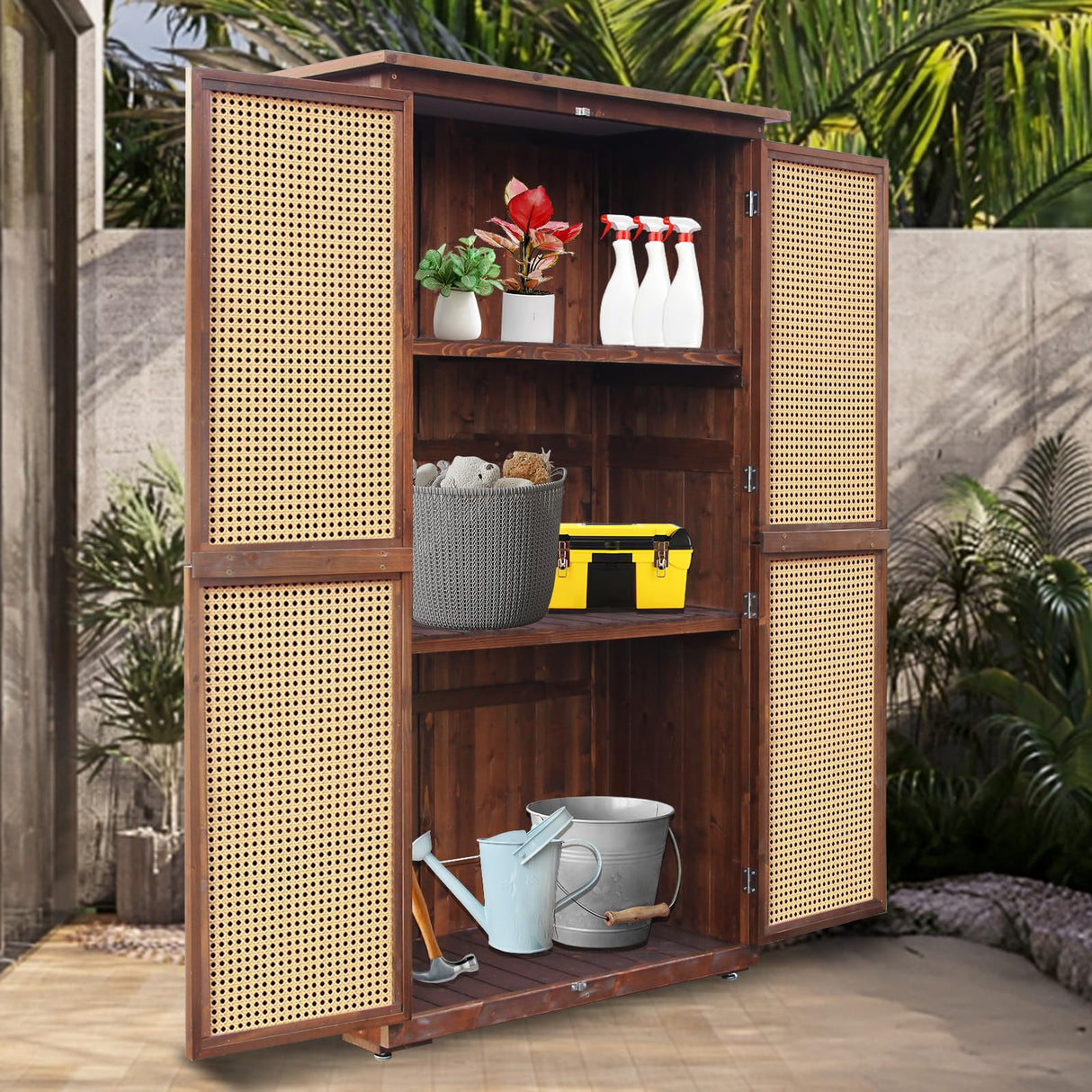 YTGLEN 60 Inches Outdoor Storage Shed, Wood Shed with Rattan Indoor Storage Cabinet with Floor, Adjustable Shelves for Patio, Garden,Lawn and Living Room, Carbonized Black YTGLEN