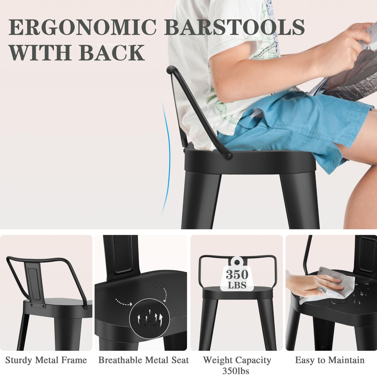 ALISH 24 Inch Bar Stools Set of 4, Industrial Metal Barstools Farmhouse Bar Chairs with Large Seat for Kitchen Island (24 Inch, Black) ALISH