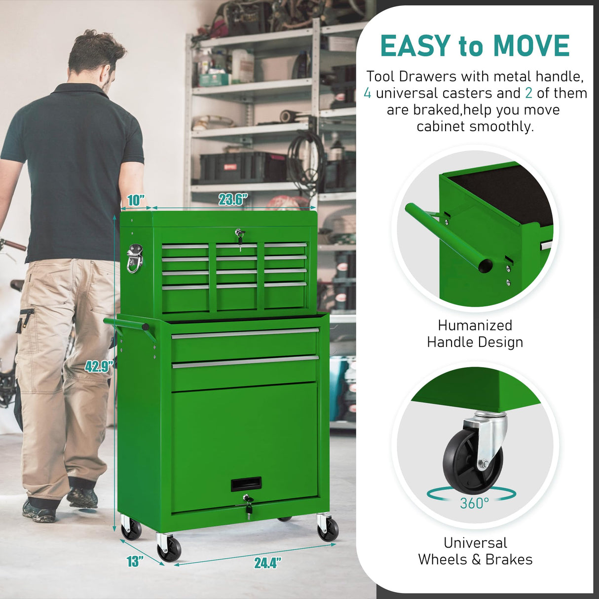 Greenvelly Metal Tool Chest,8-Drawer Rolling Tool Chest on Wheels,2 in 1 Detachable Tool Cabinets,Liners and Locking System for Warehouse, Garage,Workshop, Barbershop（Green） Greenvelly