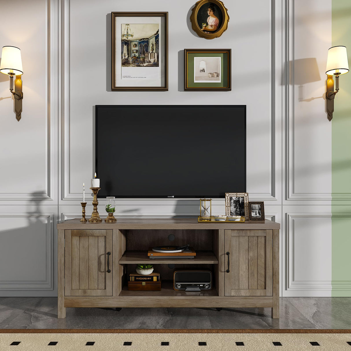 ChooChoo Farmhouse TV Stand, Wood Grooved Door Entertainment Center with Storage Cabinets and Open Shelves, Rustic Media Console up to 55 inches for Living Room, Bedroom, Grey Wash ChooChoo