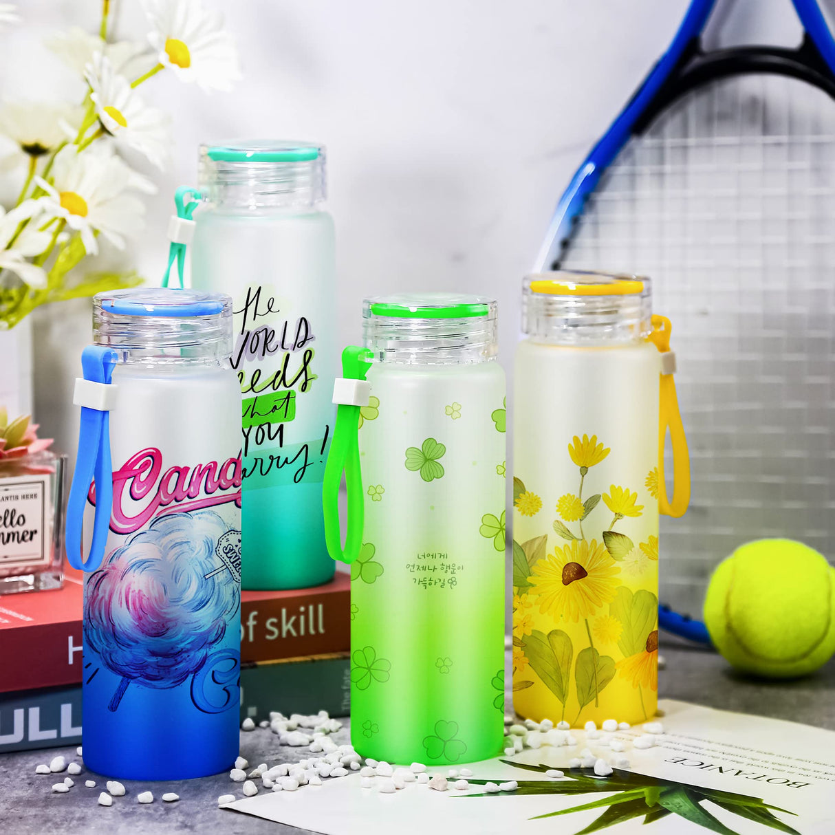 AGH Sublimation Glass Tumblers,16OZ Colored Frosted Glass Cups with Carrying Handle Lid,Different Color Gradient Glass Cups,Suitable for Milk, Soda, Juice, Drinks,Easy to Carry（12 PACK） AGH