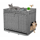 DOVEAID Cat Litter Box Enclosure Furniture Hidden, Pet House Litter Box Furniture for Large Cats, Handwoven Rattan with Door Cat Washroom Box, Indoor Cat House Storage with Soft Litter Mat, Grey DOVEAID