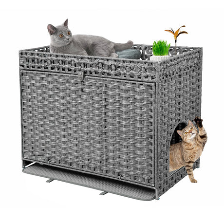 DOVEAID Cat Litter Box Enclosure Furniture Hidden, Pet House Litter Box Furniture for Large Cats, Handwoven Rattan with Door Cat Washroom Box, Indoor Cat House Storage with Soft Litter Mat, Grey DOVEAID
