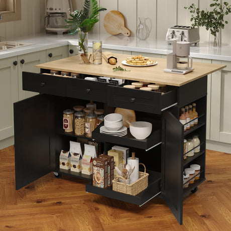GarveeHome Rolling Kitchen Island Cart with Power Outlet & Drop Leaf, Kitchen Storage Cabinet On Wheels with 3 Drawers, Spice Rack & Towel Rack, Mobile Island Table for Kitchen, Black GarveeHome