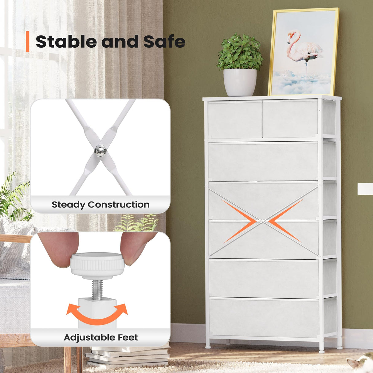 Pellebant Dresser for Bedroom with 7 Drawers, Tall Dresser Vertical Storage Tower, Sturdy Metal Frame, Fabric Storage Bins with Plastic Handle, Wooden Top, Organizer Unit for Closet/Hallway, White Pellebant