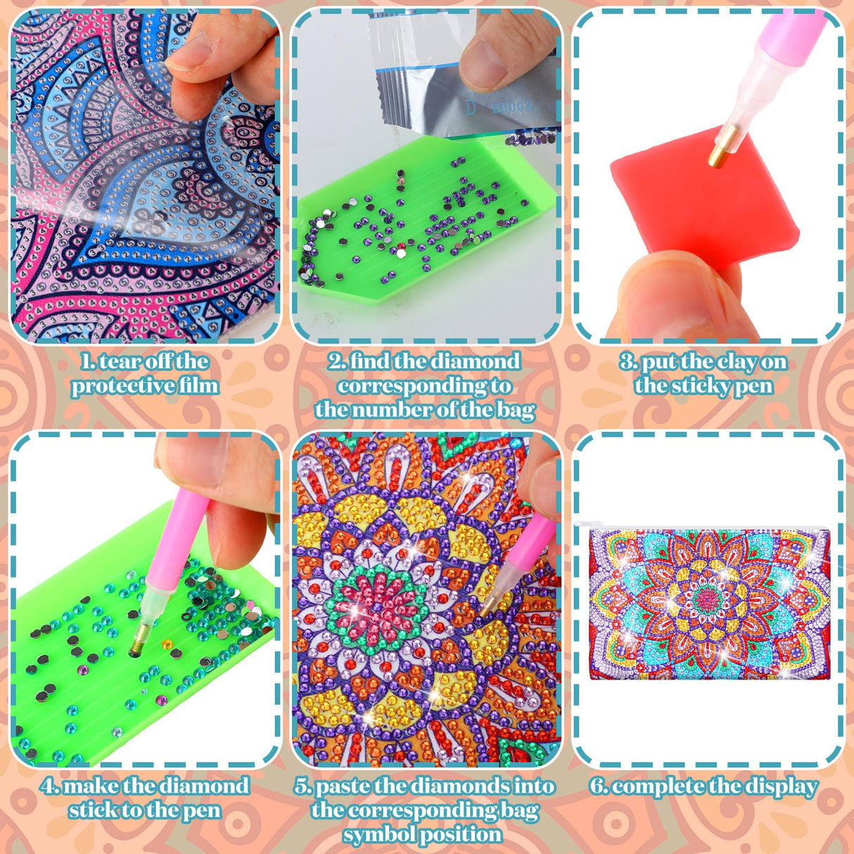 Sweetude 6 Pcs Mandala DIY Diamond Painting Purses Toiletry 5D DIY Makeup Bags Handmade Rhinestone Design Diamond Painting Cosmetic Bags Bulk with Zipper for Women Christmas Gift Sweetude