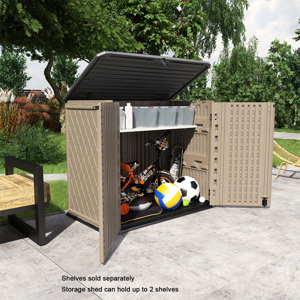 KINYING Outdoor Storage Shed - Horizontal Storage Box Waterproof for Garden, Patios, Backyards, Multi-Opening Door for Easy Storage of Garbage Cans, Tools, Lawn Mower, 26 Cubic Feet,Brown KINYING