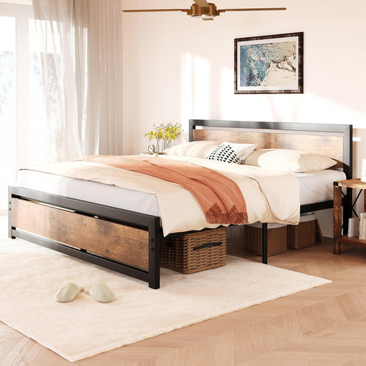 IDEALHOUSE Retro Brown Queen Size Bed Frame with Wooden Headboard and Footboard, No Box Spring Required - WoodArtSupply