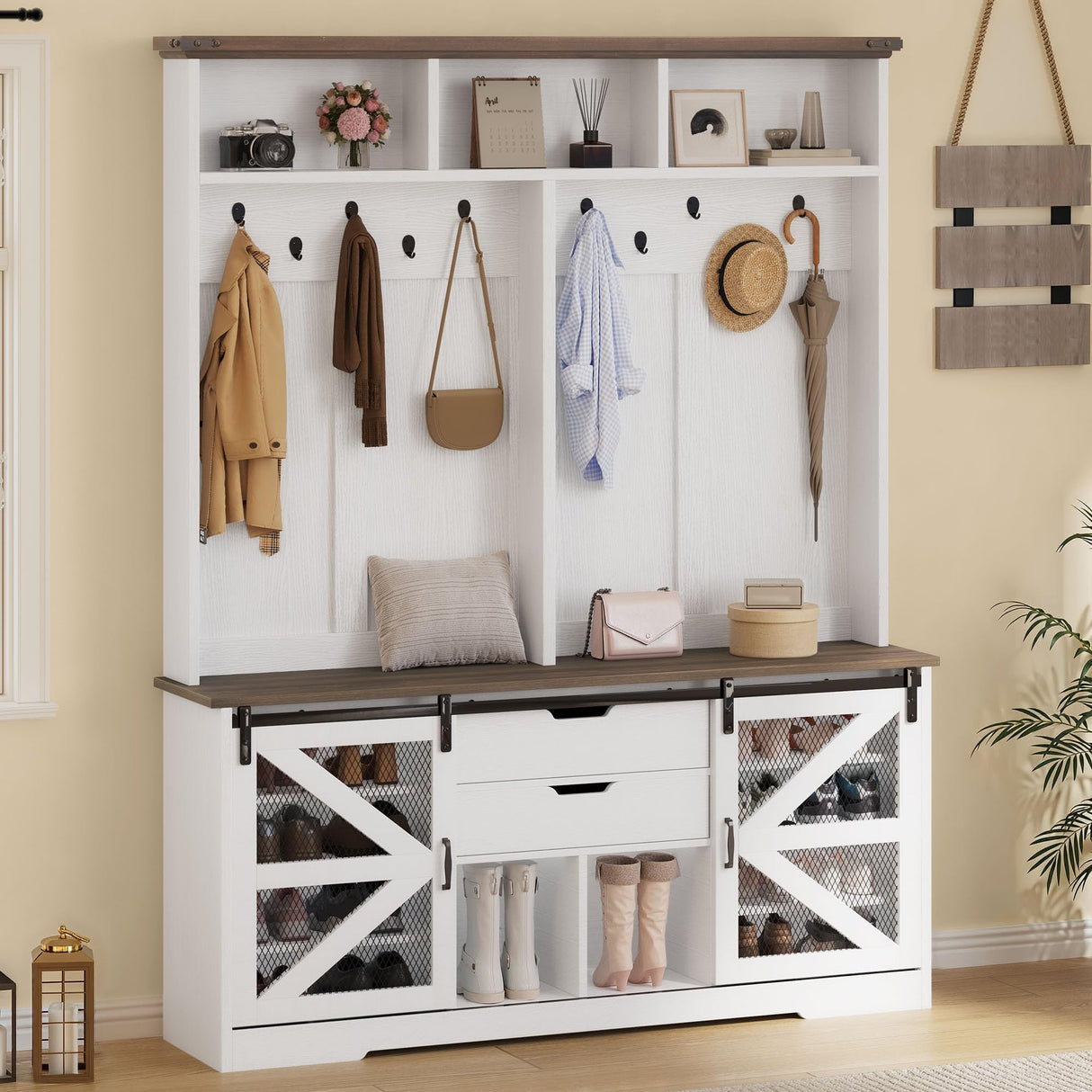 DWVO 59" Wide Hall Tree with Bench and Storage for Hallway Entryway, Coat Rack with Adjustable LED Light, Sliding Barn Doors, 10 Shoe Cubbies & 10 Coat Hooks for Bedchamber Living Room (Rustic White) DWVO