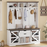 DWVO 59" Wide Hall Tree with Bench and Storage for Hallway Entryway, Coat Rack with Adjustable LED Light, Sliding Barn Doors, 10 Shoe Cubbies & 10 Coat Hooks for Bedchamber Living Room (Rustic White) DWVO