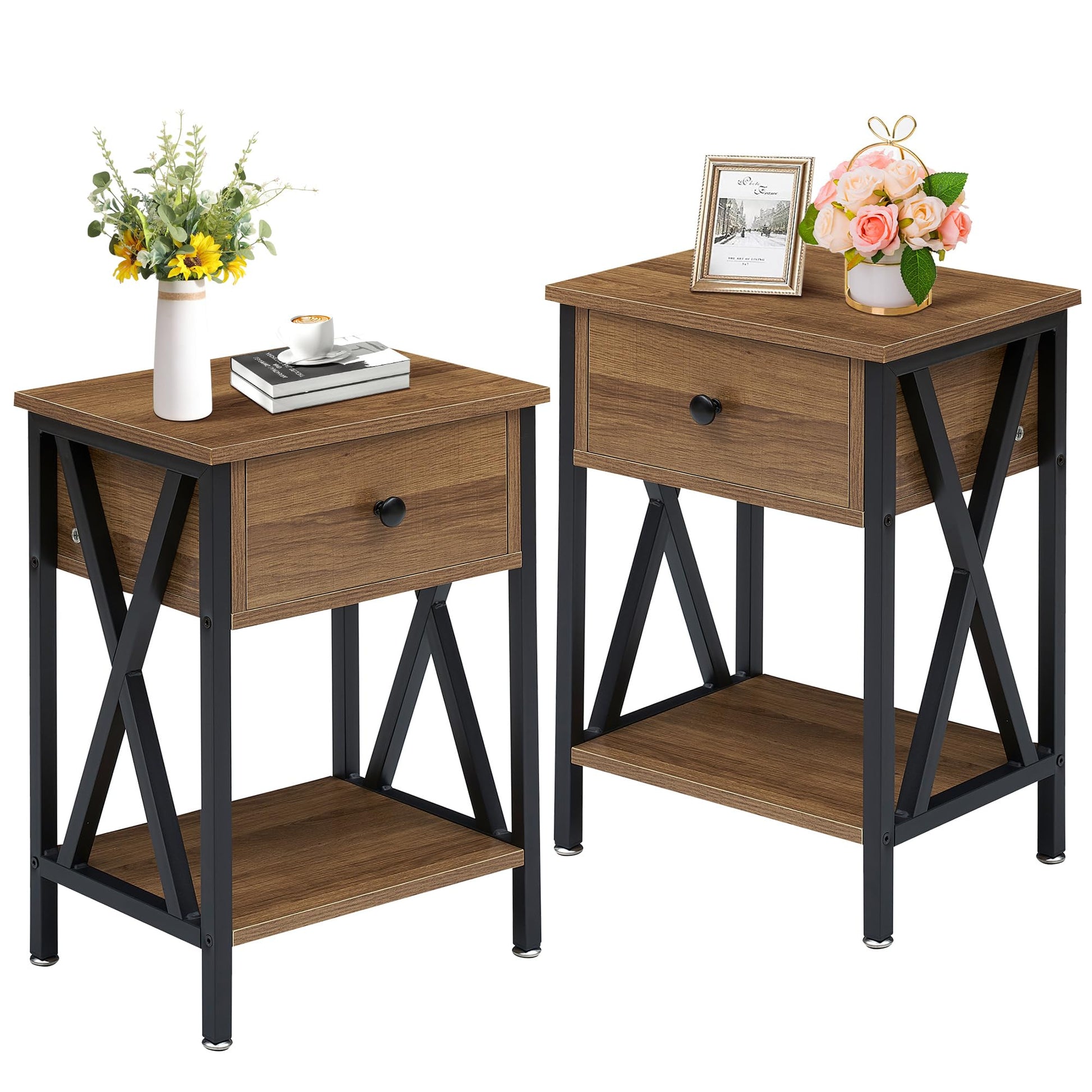 VECELO Nightstands Set of 2, Modern Bedside End Tables, Night Stands with Drawer and Storage Shelf for Living Room Bedroom, Industrial Metal Frame, Walnut Brown - WoodArtSupply