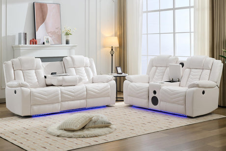 Power Recliner Sofa Set 5-Seater with Zero Gravity,Bass Speaker,Wireless Charger,USB/Type-C Ports,LED Lights,Cup Holders,Faux Leather Electric Reclining Loveseat Couch Recliner Sets,2 Piece,White Comfort Stretch