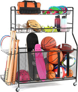 HOME IT Garage Sports Equipment Organizer - Garage Ball Storage Rack Organizer Holder with Baskets, Rolling Wheels & Breaks - Large Capacity Heavy Duty Steel Ball Storage Cart HOME IT