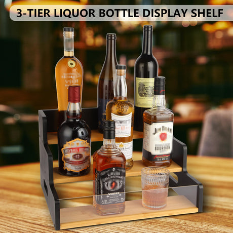 Liquor Bottle Display Shelf, 3 Step Countertop Liquor Wine Rack, Coffee Bar Station Spice Rack Organizer 3-in-1,Bar Bottle Shelves for Liquor Whiskey Wine Coffee Syrup Display, Retro Wine Rack Home smocchy