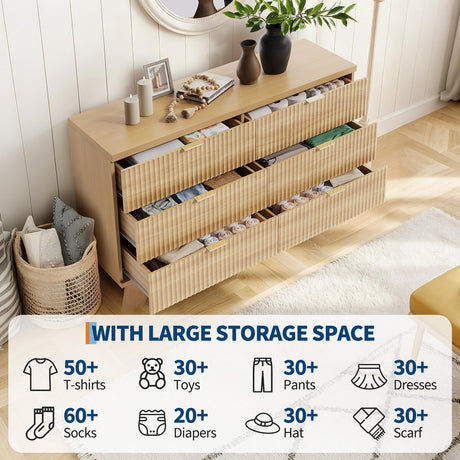 Garvee 6 Drawer Dresser for Bedroom, 47" Wide Mid Century Modern Dresser with Gold Handle, Fluted Dressers Chest of Drawers, TV Stand,Storage Organizer for Living Room,Hallway,Entryway,Oak Garvee