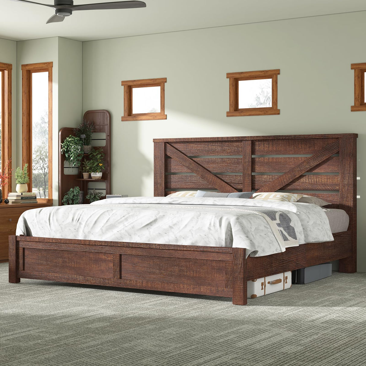AMERLIFE King Size Farmhouse Bed Frame with Barn Door Headboard and Under Bed Storage AMERLIFE