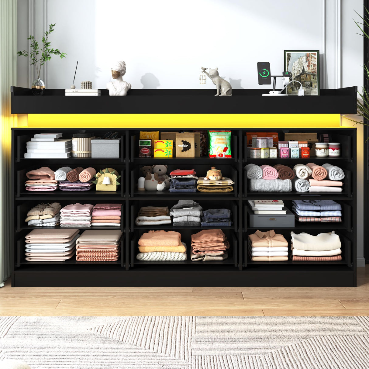 jiteentarou 12 Drawer Dresser with Charging Station and LED Lights, Modern Chest of Drawers with Power Outlet, Organizer Cabinet for Bedroom, Living Room, Entryway, Black jiteentarou