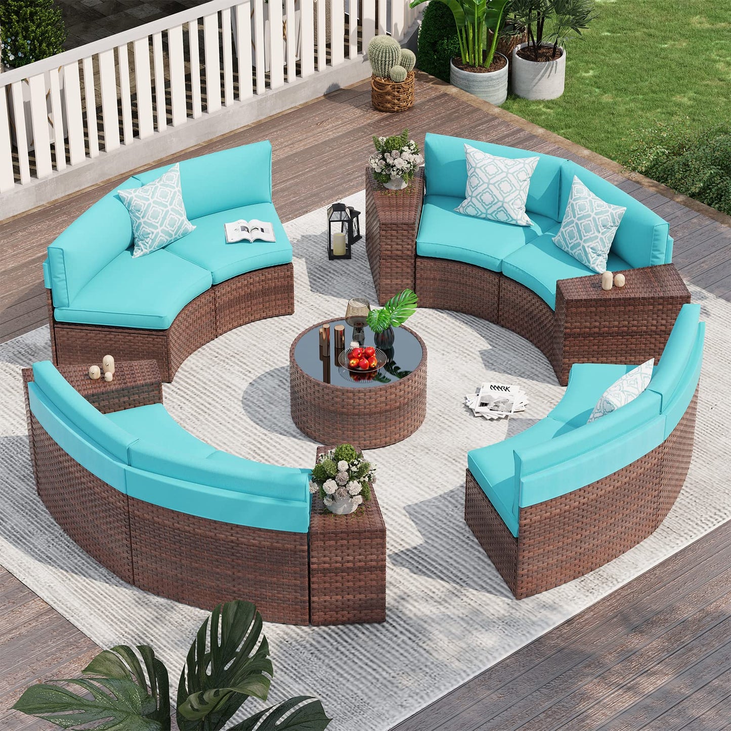 OC Orange-Casual 13 Pieces Sectional Outdoor Furniture, Half-Moon Curved Outdoor Sofa, All-Weather Brown Wicker with Round Coffee Table and Turquoise Cushions (Pillows & Waterproof Cover Incl - WoodArtSupply