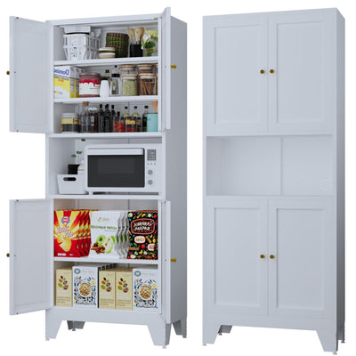 XIUSVON 69" High Bathroom Storage Cabinet, Modern Metal Pantry with Microwave Stand, Freestanding Linen Storage, Kitchen Hutch, Coffee Bar Hutch, Food Buffet Cabinet for Dining & Living Room