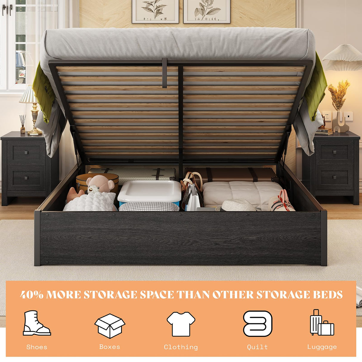 AMERLIFE Dark Oak Lift-Up Storage Bed Frame - Queen Size with Ample Under-Bed Storage AMERLIFE