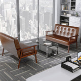 JIASTING Mid Century Modern Loveseat Sofa with Wooden Arms Leather Office Couch 2-Seat Wood Love Seat Lounge Armchair Living Room Bedroom, Waiting Room Sofa, 50”W (Leather, Brown Loveseat N) JIASTING