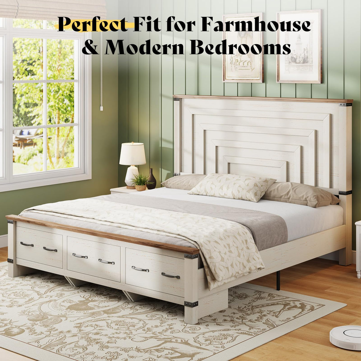 AMERLIFE Farmhouse King Size Bed Frame with 54" Tall Geometric Headboard & Footboard, Rustic Wood Platform Bed Frame/w 3 Large Storage Drawers, Wood Slats Support, No Box Spring Needed, Rustic White AMERLIFE