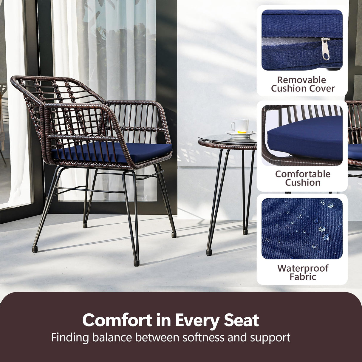 MaxMulti 3 Piece Wicker Patio Bistro Set, Outdoor Conversation Sets with 2 Rattan Patio Chairs and 1 Side Table, Rattan Patio Furniture for Balcony, Deck, Apartment Use (Blue) MaxMulti