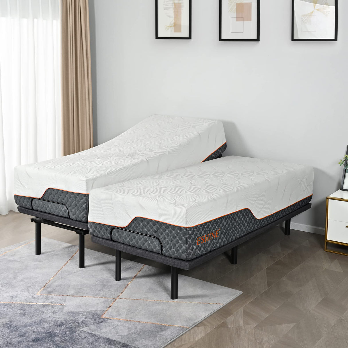 ESHINE 14" Hybrid Mattress Twin XL + Adjustable Bed Frame - Luxury Gel Memory Foam, Upholstered Bed Frames with Massage, USB, Under Bed Night Light, Head and Foot Incline, Split King ESHINE