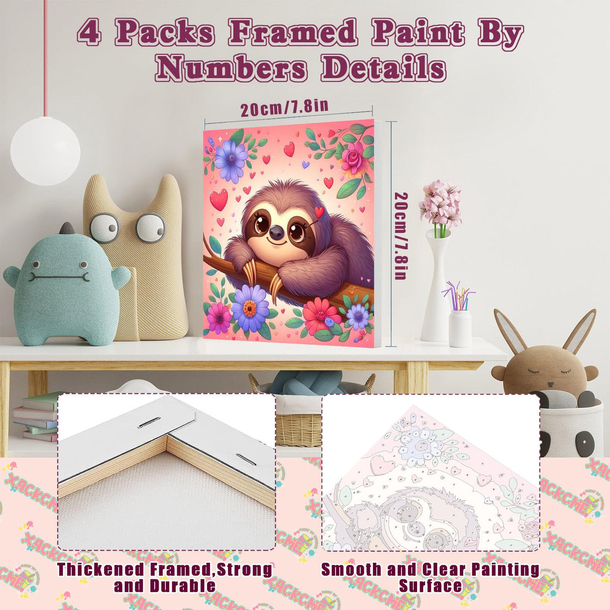 4 Pack Animal Paint by Number for Kids with Wooden Frame, Paint by Numbers for Kids Animals Ages 4-8-12, Easy Sloth Fox Sea Turtle Horse DIY Acrylic Oil Painting Kits for Home Wall Decor (8X8 inch) xackcme