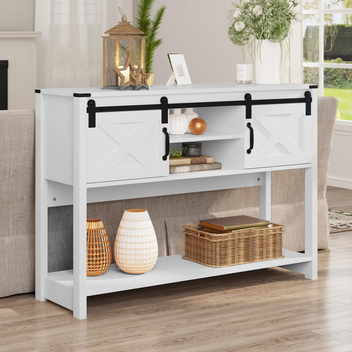 RoyalCraft Farmhouse Entryway Table with Storage and Sliding Barn Door, 32" Tall Console Table with Storage, Wood Sofa Table with Adjustable Shelf, Console Tables for Entryway, Hallway, Living Room RoyalCraft