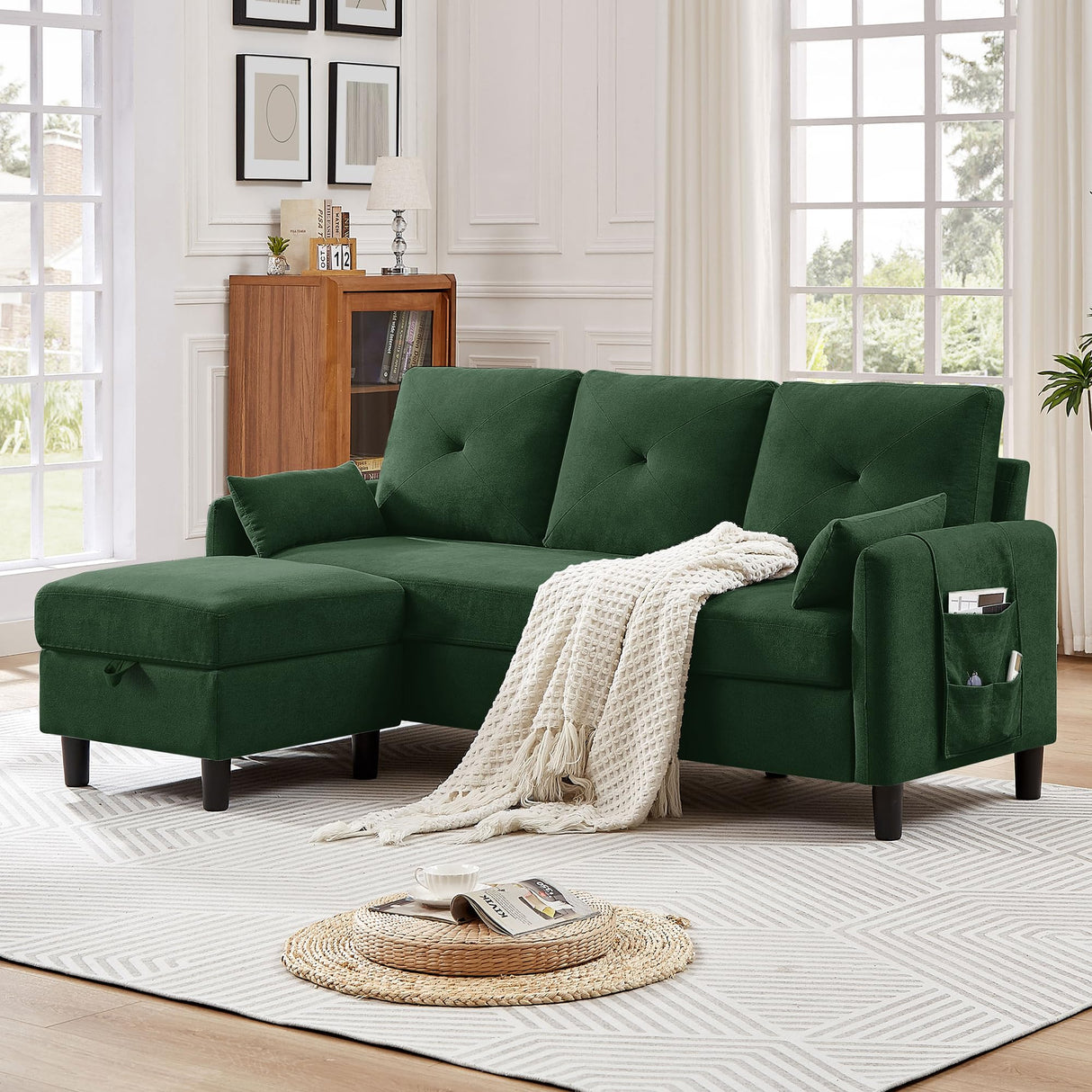 Portaforta 77" Convertible Sectional Couches with Storage Ottoman, 3-Seat L Shaped Couch with Side Storage Pockage, Linen Fabric Small Couches for Living Room, Apartment and Small Space, Green Portaforta
