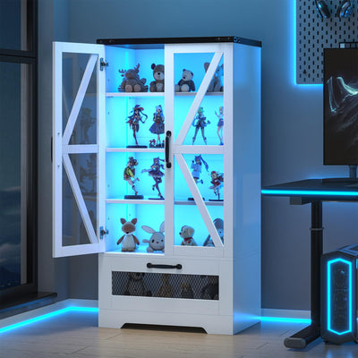 Semoic 47" Display Storage Cabinet with Adjustable Shelves，Pantry Storage Cabinet with LED Light， 4-Tier Curio Showcase with Drawer for Toys, Books, Collection, White