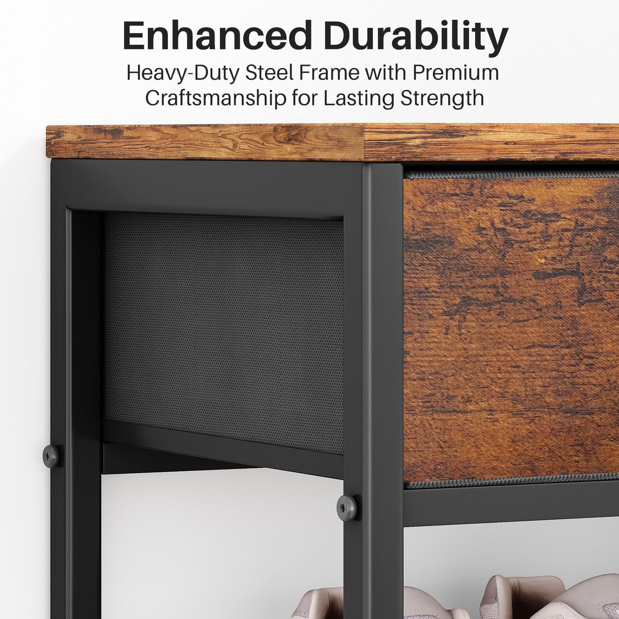 Kitstorack Shoe Rack, 4 Tier Shoe Organizer for 9-12 Pairs of Shoes, with 2 Drawers, 3 Fabric Shelves and Wooden Top, Shoe Rack for Closet Entryway, Rustic Brown Kitstorack