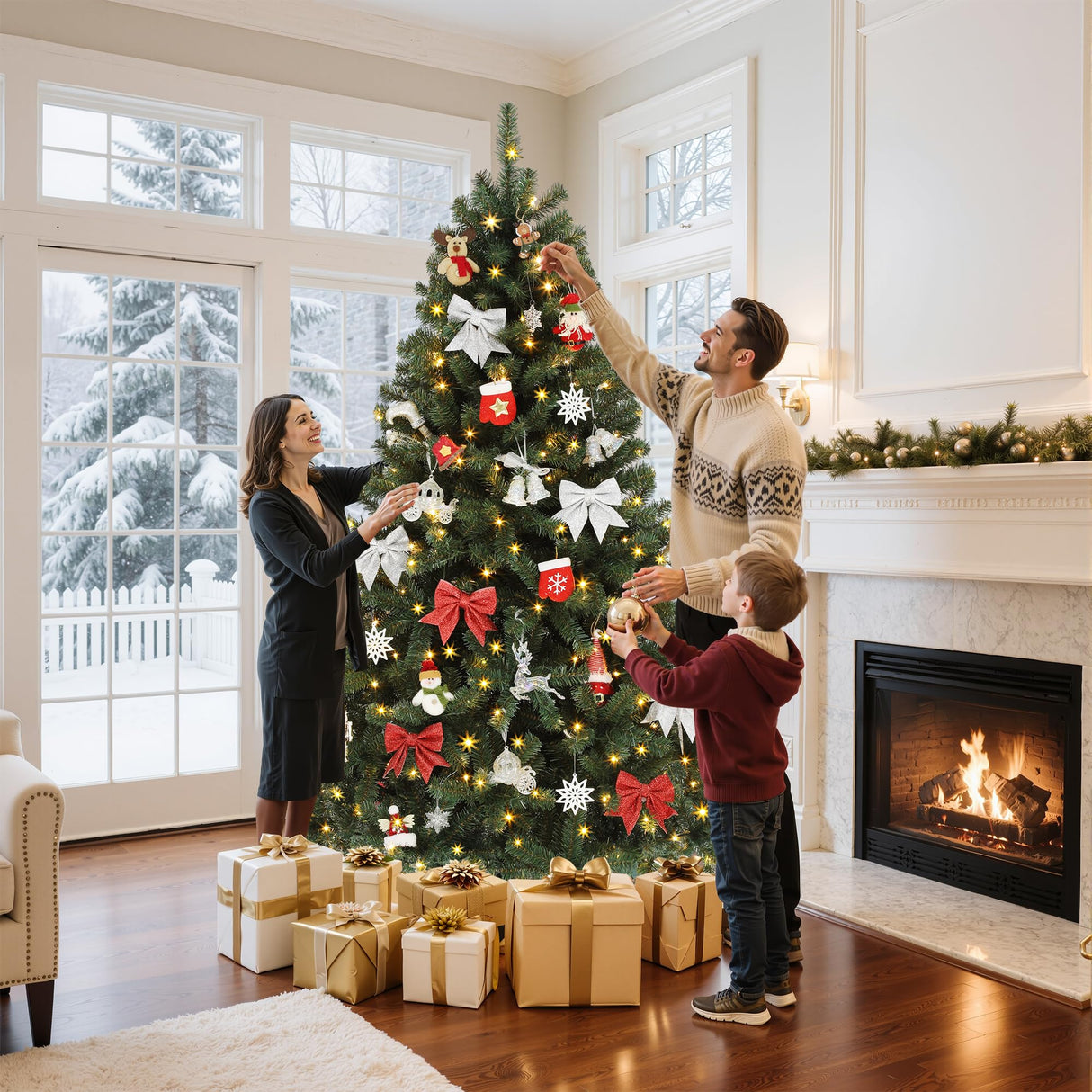 GOOBED Prelit Green Christmas Tree 7.5FT with Remote Control, Pre-Lit Green Artificial Hinged Spruce Christmas Tree with 1450 Tips, 550 LED Lights and 11 Light-Modes for Home, Party Decoration GOOBED