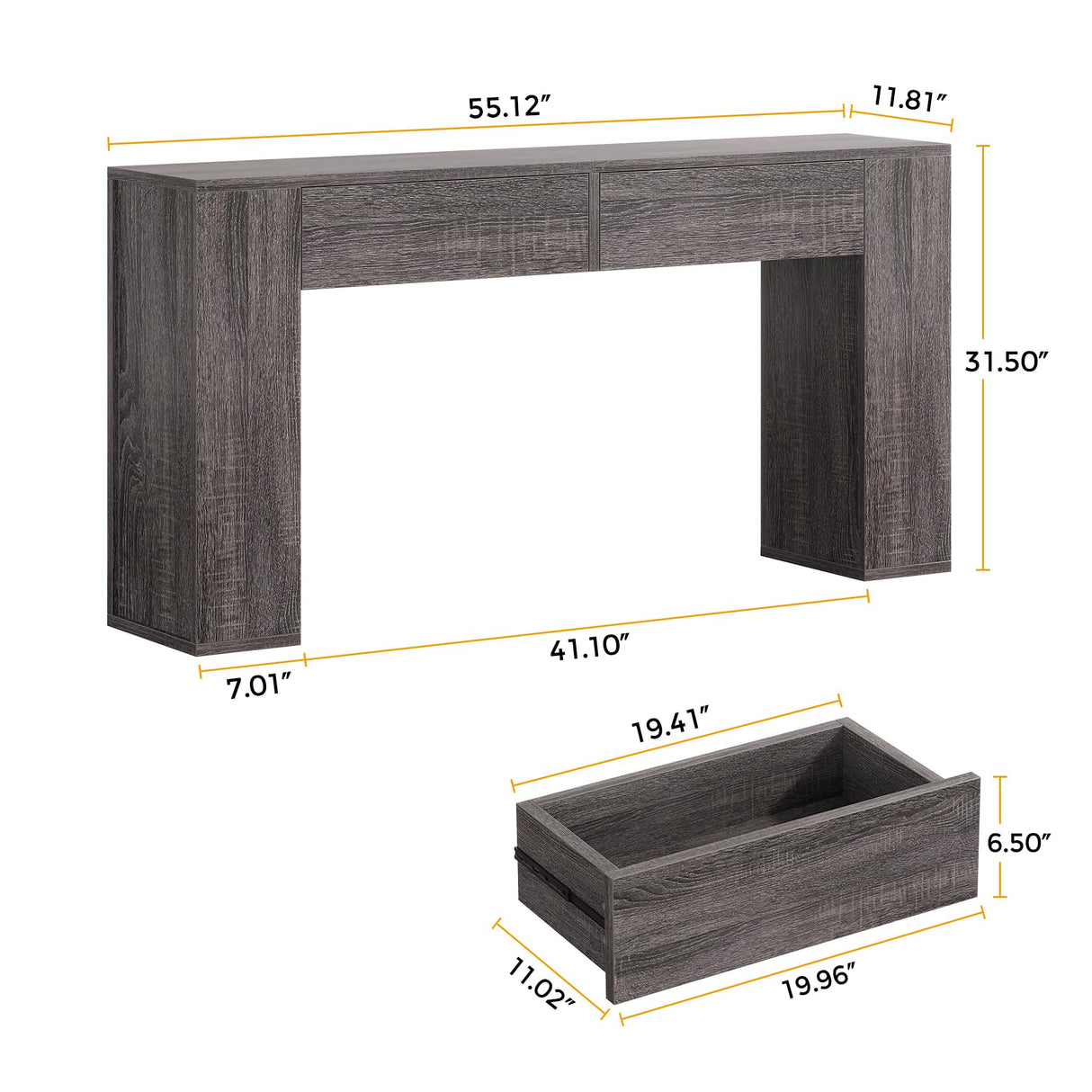 Condemo Farmhouse Console Table with LED Light and 2 Drawers, 55 inch Long Sofa Table Behind Couch, Narrow Entry Table for Entryway, Hallway, Entrance, Living Room (Gray Brown) Condemo