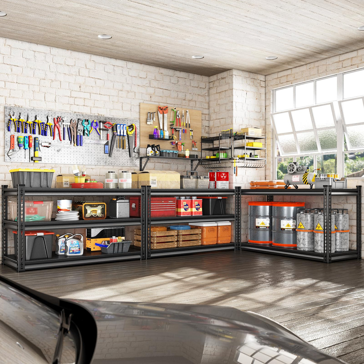 Rufokisa Metal Garage Shelving Heavy Duty，1530LBS Loads Garage Storage Shelves, 48”W 3-Tier Adjustable Storage Racks and Shelving Units for Garage Basement and Kitchen, 48”W x 18”D x 39”H,Black Rufokisa