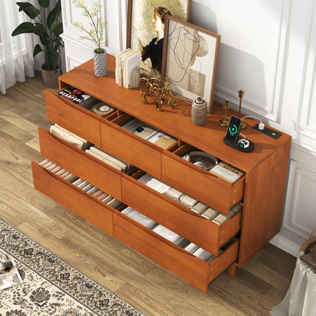 chartustriable 55”Solid Wood Drawers Dresser with Power Outlets, 7 Drawer Dresser for Bedroom, Mid Century Modern Vintage Large Chest of Dresser for Hallway, Entryway,Cutout Handle, Caramel chartustriable