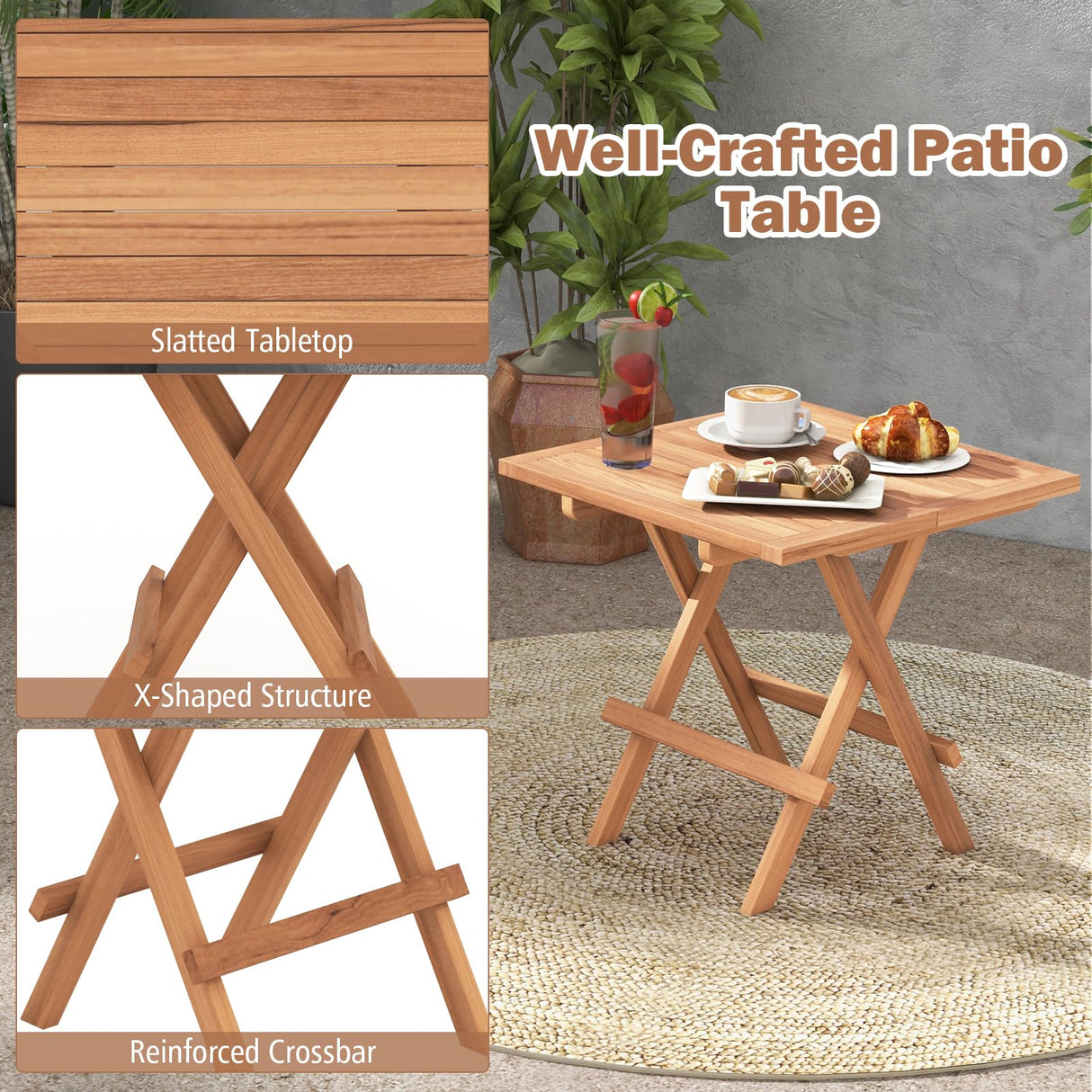 Tangkula Patio Folding Side Table, Teak Wood Square End Table with Slatted Tabletop, Sturdy X-Shaped Wood Frame, Portable & Lightweight Compact Table for Camping, Picnic, Backyard (1) Tangkula
