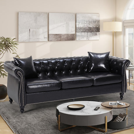 Chesterfield Sofa 83.4 " Faux Leather Couches with Gourd Wooden Legs, Deep Seat Comfy 3-Seater Upholstered Couch Button Nailhead Tufted Classic Couches for Living Room，Bedroom Easy to Assemble (Black) FEISHOMINOO