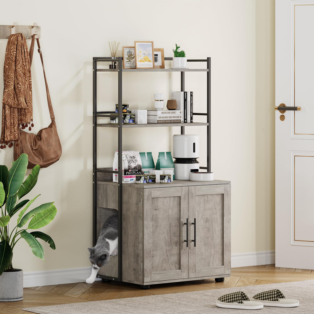 STMHOM Cat Litter Box Enclosure with Shelf Storage, 2-in-1 Hidden Cat Washroom Furniture, Indoor Cat Cabinet, Hidden Cat Box Enclosure with 3 Shelves and Door, Cat House for Most Litter Box,Grey STMHOM