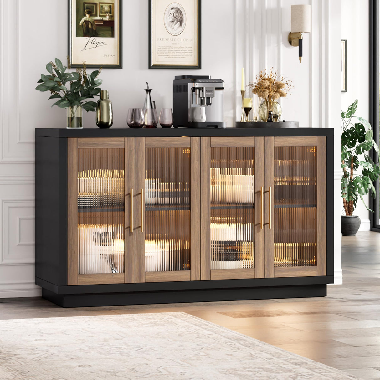 FOTOSOK Buffet Cabinet with Storage, 55.1" Large Sideboard Buffet Cabinet, Modern Sideboard Kitchen Cabinet with 4 Fluted Glass Doors, Wood Coffee Bar Cabinet Buffet Table for Kitchen, Black/Brown FOTOSOK