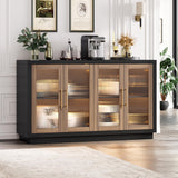 FOTOSOK Buffet Cabinet with Storage, 55.1" Large Sideboard Buffet Cabinet, Modern Sideboard Kitchen Cabinet with 4 Fluted Glass Doors, Wood Coffee Bar Cabinet Buffet Table for Kitchen, Black/Brown FOTOSOK