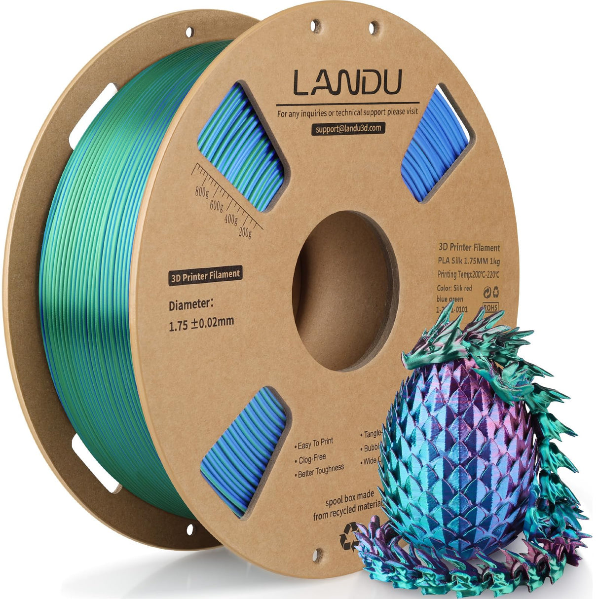 LANDU Silk Tri-Color PLA Filament 1.75mm 1Kg, Triple Color Silk PLA Filament, Silk Rainbow PLA Filament, Neatly Wound 3D Printer Filament, 3 in 1 Multi Color Filament +/-0.02mm, Silk Red Blue Green LANDU