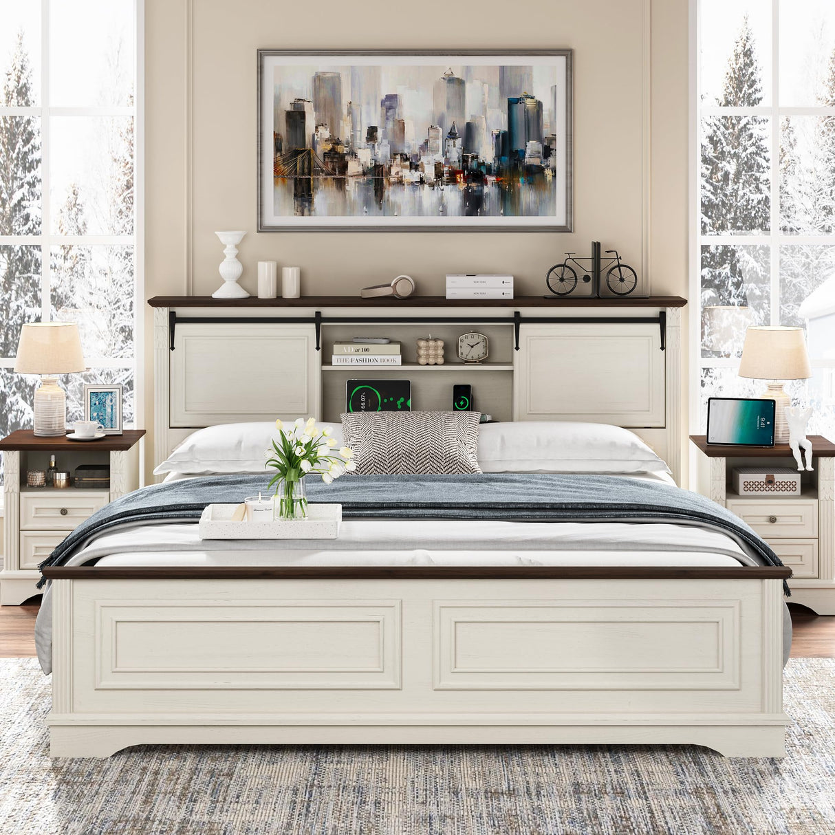 BOSHIRO Farmhouse King Size Bed Frame with Storage Bookcase Headboard, Bed Frame Wood Platform w/Charging Station, Bracket Footboard, 2 Large Sliding Barn Doors, No Box Spring Needed-Antique White BOSHIRO