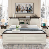 BOSHIRO Farmhouse King Size Bed Frame with Storage Bookcase Headboard, Bed Frame Wood Platform w/Charging Station, Bracket Footboard, 2 Large Sliding Barn Doors, No Box Spring Needed-Antique White BOSHIRO
