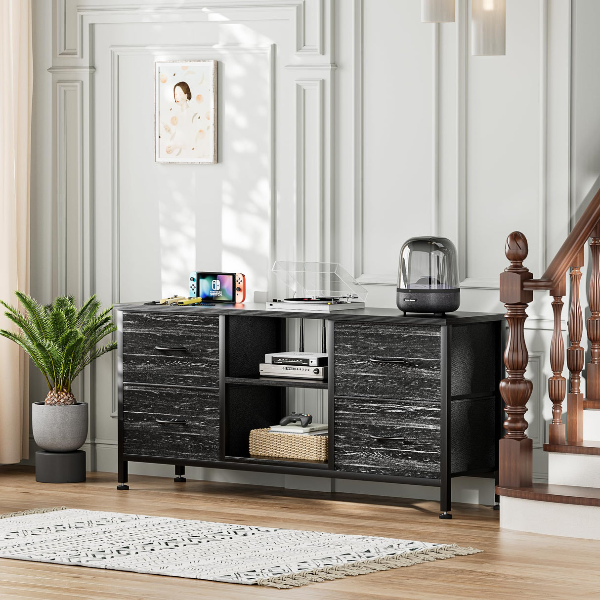 YaFiti TV Stand for Bedroom, Dresser TV Stand with 4 Fabric Drawers & Open Shelves for 50" TV, Entertainment Center with Power Outlet, Dresser for Bedroom, Living Room, Entryway, Black Wood Veins YaFiti