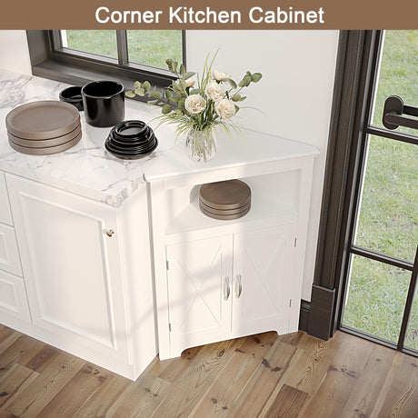 ChooChoo Corner Storage Cabinet, Small Corner Cabinet with Barn Door Design and Adjustable Shelf, Home Space Saver for Living Room, Bathroom, ChooChoo